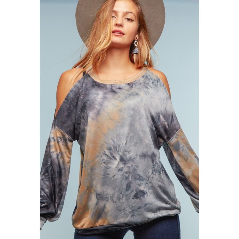Bubble Sleeve Tie Dye Cold Shoulder Top - Picture 3 of 9